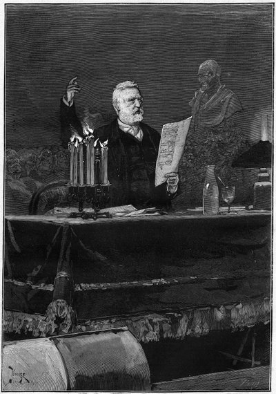 El escritor Victor Hugo (1802-1885) hablando con motivo del centenario de la muerte de Voltaire, famoso en el Théâtre de la Gaîté en París el 30 de mayo de 1878. Grabado en "Le Monde Illustré" n°1106 del 8 de junio de 1878. de French School