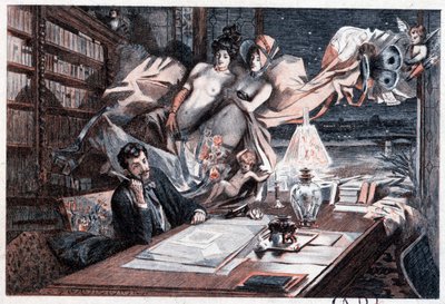 Escritor en su mesa de trabajo inspirado por mujeres desnudas y angelotes - en "Menus-propos de vanguardia" de French School
