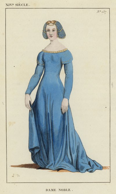 Siglo XIV, Dama Noble (grabado coloreado) de French School