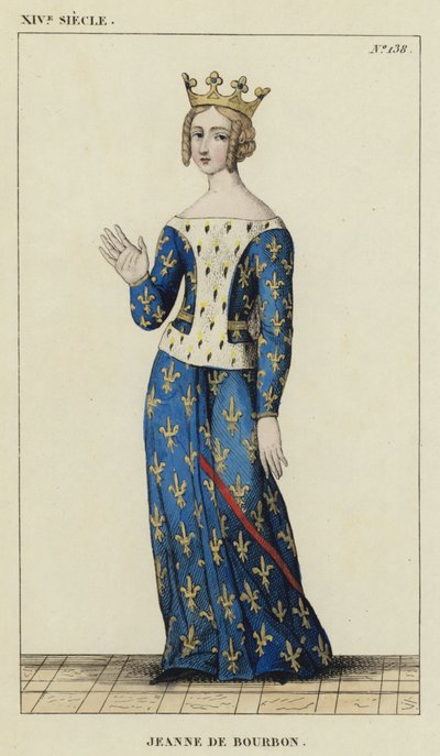 Siglo XIV, Juana de Borbón (grabado coloreado) de French School