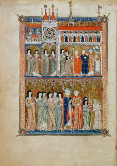 Yates Thompson 11 f.6v Misa a la que asisten funcionarios con una procesión debajo, c.1300 (vitela) de French School