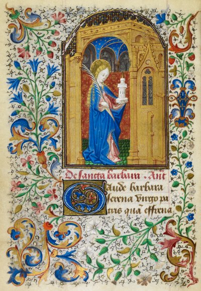 Yates Thompson 3, fol.289v Miniatura de Santa Bárbara bajo un arco dorado, portando una palmera y su torre, con un borde foliado completo, al comienzo de su sufragio, de 