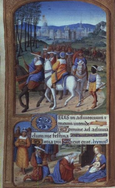 Yates Thompson 5 f.48v Adoration of the Magi, from the Tilliot Hours, Tours (pergamino) (detalle de 20292) de French School