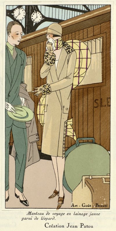 Abrigo de viaje de lana amarilla con adornos de leopardo, de Art-Gout-Beaute, pub.1920 (estampado pochoir) de French School