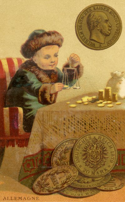 Joven banquero alemán pesando marcos alemanes, de una serie de tarjetas promocionales sobre monedas en diferentes países, publicada en París por Baster & Vieillemard para el productor de chocolate, Chocol de French School