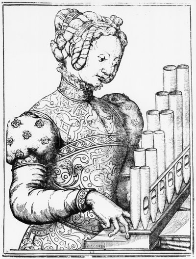 Joven mujer tocando un órgano portátil de French School