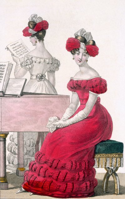 Joven Mujer en un Vestido de Noche de Crepé con un Elaborado Tocado, anuncio en Modes de Paris, c.1825 de French School