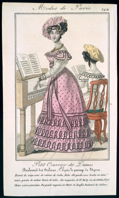 Joven Mujer en un Vestido de Organdí Rosa Adornado con Negro y una Boina de Crepé con Cintas de Satén, anuncio de Modes de Paris, c.1825 de French School