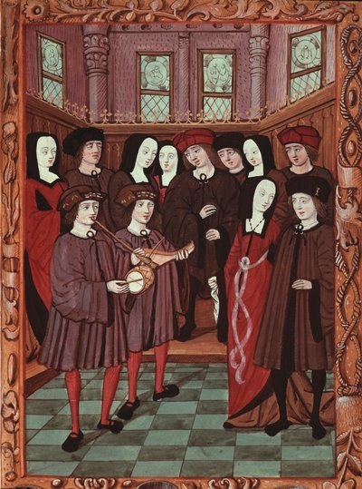 Pareja joven escuchando a músicos, imagen de un manuscrito francés de French School