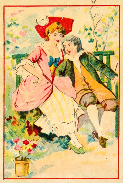 Joven pareja en un banco en un jardín de French School
