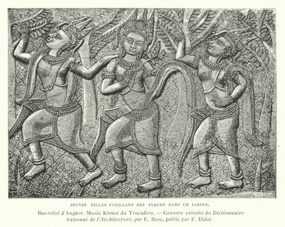Niñas recogiendo flores en un jardín, bajorrelieve de Angkor, Camboya (grabado) de French School