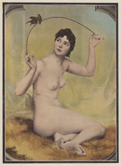 Joven mujer desnuda con pájaros (litografia de color) de French School
