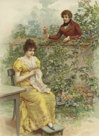 Joven mujer, abordada por pretendiente con flor sobre el muro de French School
