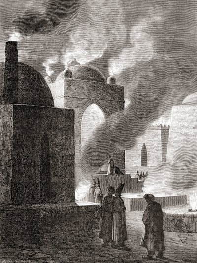Adoradores del fuego zoroastrianos en un Templo de Fuego en Bakú, Azerbaiyán, de 
