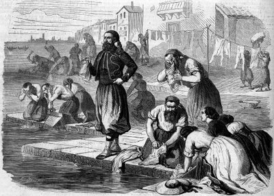 Zuavos del ejército francés lavando su ropa. Italia, Risorgimento de 1859. Grabado en “Le Monde Illustré” n°122 del 13 de agosto de 1859. de French School