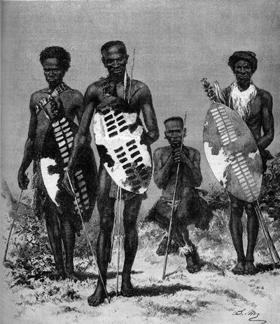 Guerreros zulúes. Grabado en "El Mundo Ilustrado" n°1146 del 15 de marzo de 1879. de French School