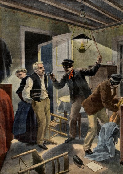 Bandidaje - Una pareja de ancianos robada por intrusos enmascarados en su casa en Gers, Francia. Escena de bandidaje en Gers. Ilustración para Le Petit Journal, 26 de enero de 1902 de French School