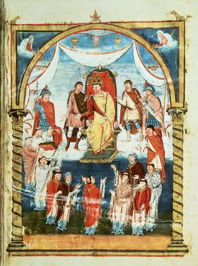 Rey Carlos II recibiendo una Biblia del Conde Vivian y los Monjes de Saint-Martin de Tours, de la Primera Biblia de Carlos el Calvo, c.843-51 de French School