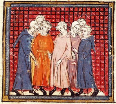 Nobles conspirando contra el Rey Luis el Piadoso, de las Grandes Crónicas de Francia, 1375-79 de French School