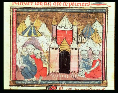f.259r El asedio de Chateau-Gaillard en 1204 cuando Felipe Augusto de Francia (1165-1223) derrotó al rey Juan (Sin Tierra) de Inglaterra (1199-1216), de las Grandes Crónicas de Francia, 1375-79 de French School
