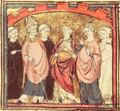 Dagoberto I (605-39), rey de los francos recibiendo el Reino de Francia, de las Grandes Crónicas de Francia, 1375-79 de French School