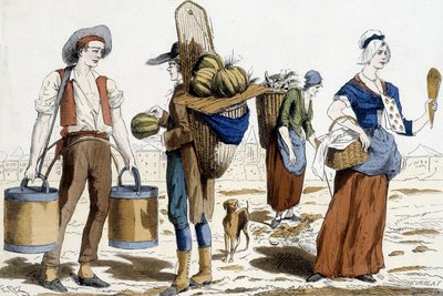 Ilustración de los trajes de París en el siglo XVIII: aguador, mercader de melones, chiffonnier, mercader de placeres. de French School