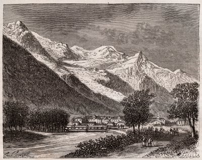 El valle de Chamonix y el Mont Blanc - grabado en “La France illustrée: géographie, histoire, administración statistique” por V.A. Malt-Brown. 1884 de French School