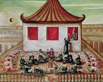 El eclipse del sol en Siam en 1688, visto por los misioneros jesuitas, en presencia del Rey de Siam en la ventana de su palacio, 1688 de French School