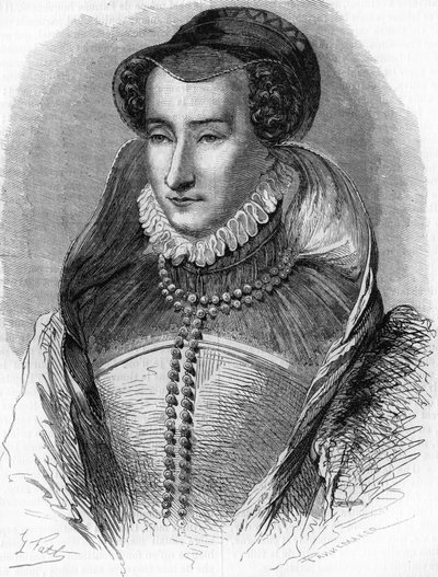 Retrato de Juana III de Albret (1528-1572), madre del Rey Enrique IV y esposa de Antonio de Borbón (1528-1572). En "Historia Popular de Francia", circa 1885. Grabado. de French School