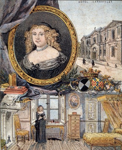 Retrato de Marie de Rabutin-Chantal (Rabutin Chantal), Marquesa de Sevigne conocida como Madame de Sevigne (1626-1696) y su residencia Hotel Carnavalet. de French School
