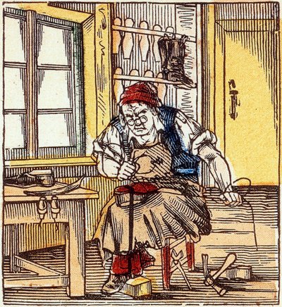 profesión: zapatero reparando una suela, finales del siglo XIX (grabado) de French School