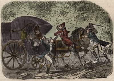 El asunto del correo de Lyon - La malle-poste es atacada en Seine et Marne por 5 individuos el 28 de abril de 1796 - Grabado en “Causas célebres de todos los pueblos” por Armand Fouquier (1817-18?) 1858-1867 - Colección privada de French School