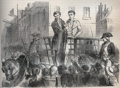 El caso del correo de Lyon - Caso del correo de Lyon: Joseph Lesurques y Couriol van a la guillotina el 3 de octubre de 1796 - Grabado en Causes celebres de tous les peuples por Armand Fouquier (1817-18?) 1858-1867 - colección privada de French School