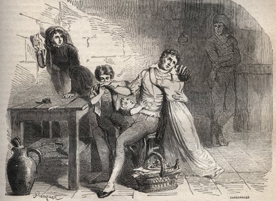 El caso del correo de Lyon: La despedida de Joseph Lesurques a su familia: supuestamente involucrado en el caso del correo de Lyon en 1796, fue acusado erróneamente de haber atacado el baúl del correo de Lyon y fue guillotinado - Grabado en “ de French School