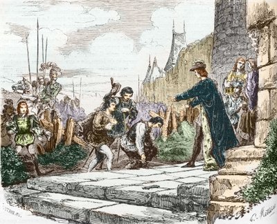 El delfín Luis (luego Luis XI), el duque Juan II de Alençon y el duque Carlos I de Borbón piden perdón al rey Carlos VII de French School
