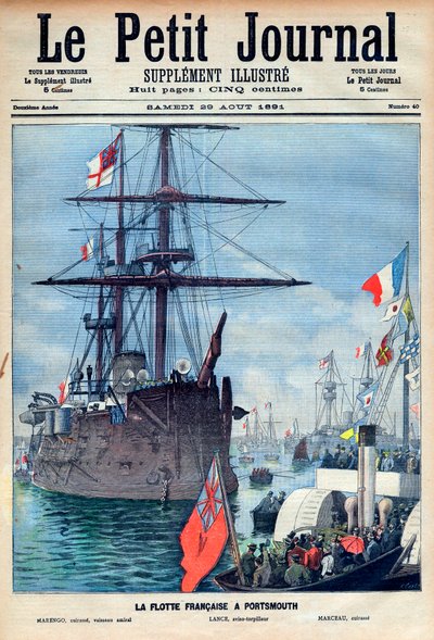 La flota francesa en Portsmouth: buque insignia Marengo, el aviso torpedo Lance y el acorazado Marceau, portada del Petit Journal del 29 de agosto de 1891 (grabado) de French School