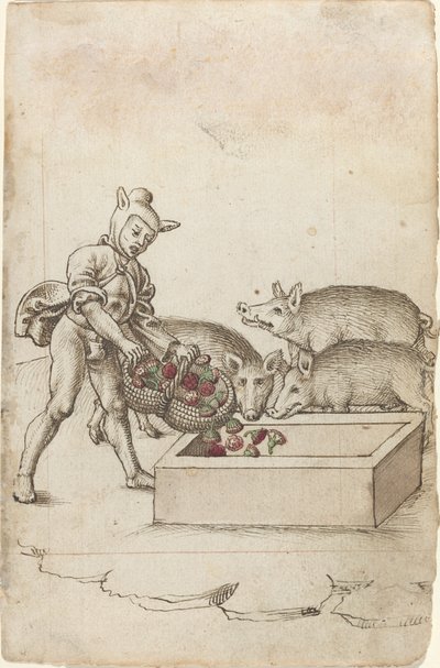 Un tonto alimentando flores a los cerdos [fol. 42 recto] de French early 16th Century