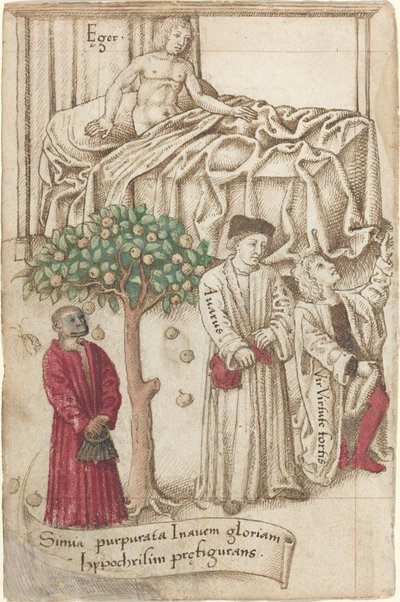 Un simio en púrpura con un hombre enfermo, un buen hombre y un avaro [fol. 36 verso] de French early 16th Century