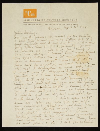Carta de Frida Kahlo a Julien Levy, en inglés, 20 de abril de 1944 (pluma y tinta sobre papel) de Frida Kahlo
