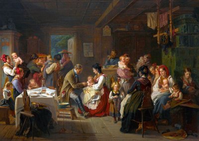 Vaccination contre la variole a la campagne - Una vacuna contra la viruela en el campo - Friedrich Adolph Hornemann (1813-1890). Óleo sobre lienzo de Friedrich Adolph Hornemann