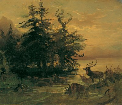 Ciervo revolcándose en la orilla de un lago de montaña de Friedrich August Mathias Gauermann