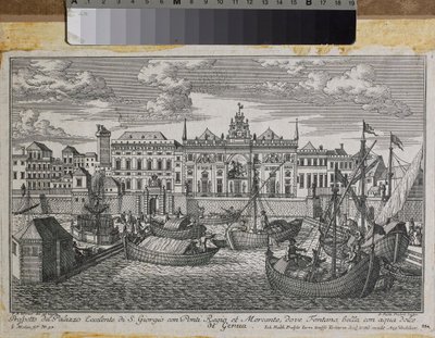 Plano de Génova que muestra el Puente Real, el Nuevo Puente de Mercanzia y el Palacio de San Jorge visto desde el mar, c.1750 (grabado) de Friedrich Bernhard Werner
