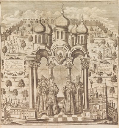 Feodor III, Pedro I, Iván V y el Patriarca Adrián I. De Das veraenderte Russland..., 1721 de Friedrich Christian Weber