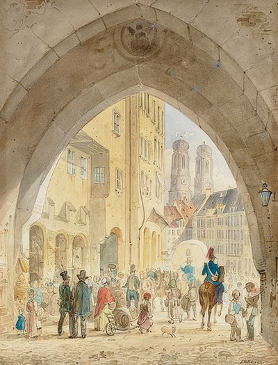 Múnich - Vista desde el Antiguo Ayuntamiento hacia las torres de la Frauenkirche. 1849 de Friedrich Eibner