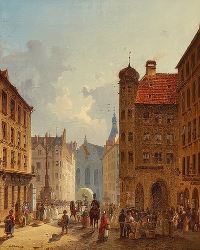 Múnich - Vista desde la Kaufingerstraße hacia el Antiguo Ayuntamiento de Friedrich Eibner
