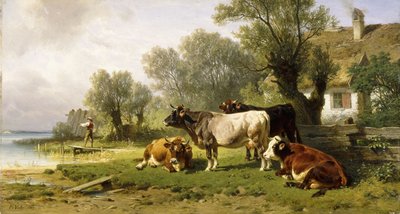 Ganado en un corral junto a un río con un pescador al fondo, 1881 de Friedrich Johann Voltz