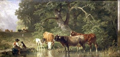 Ganado bebiendo en un estanque del bosque de Friedrich Johann Voltz