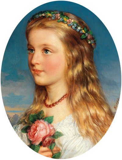 Friedrich Krepp Retrato de niña con corona de flores y rosas de Friedrich Krepp