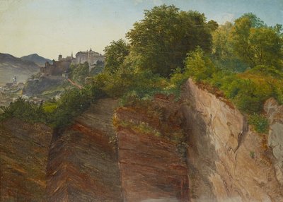 Vista de la fortaleza de Hohensalzburg desde Mönchsberg en Salzburgo de Friedrich Loos