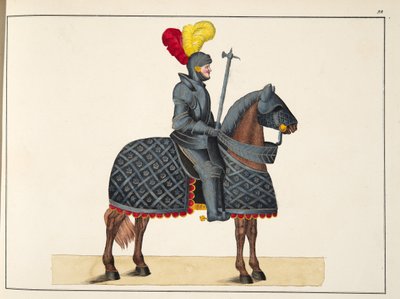 Caballero en armadura sobre su caballo, placa de 